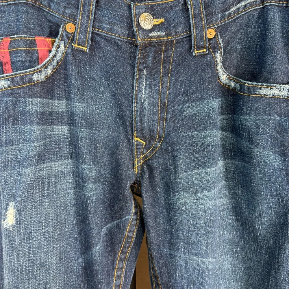 AUTHENTIC True Religion Red Painted Pockets Distressed Denim Jeans Size 36